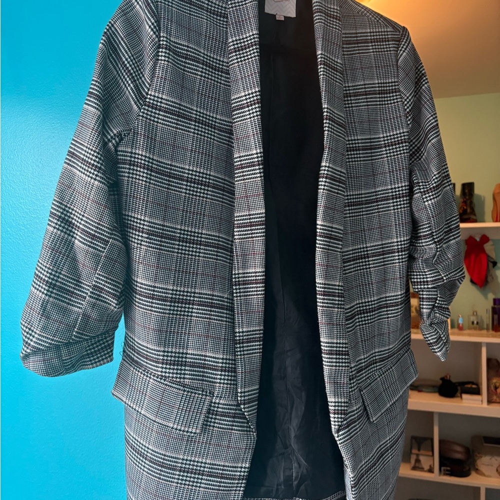 Grey and White Plaid Open Blazer
